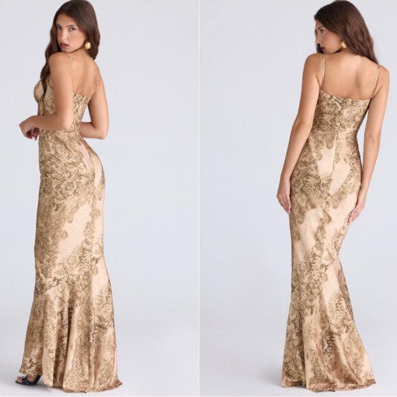 HOUSE OF CB 'Nalani' Gold Patterned Satin Maxi Dress- LIMITED EDITION NWOT - Picture 3 of 5